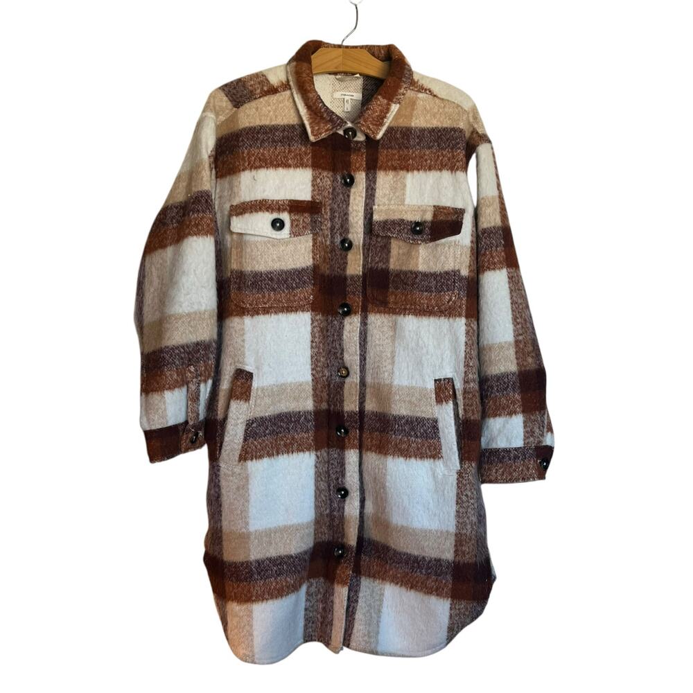 Maurices Plaid Long Line Shacket Shirt Jacket Brown Cream Duster Coat Size Large
